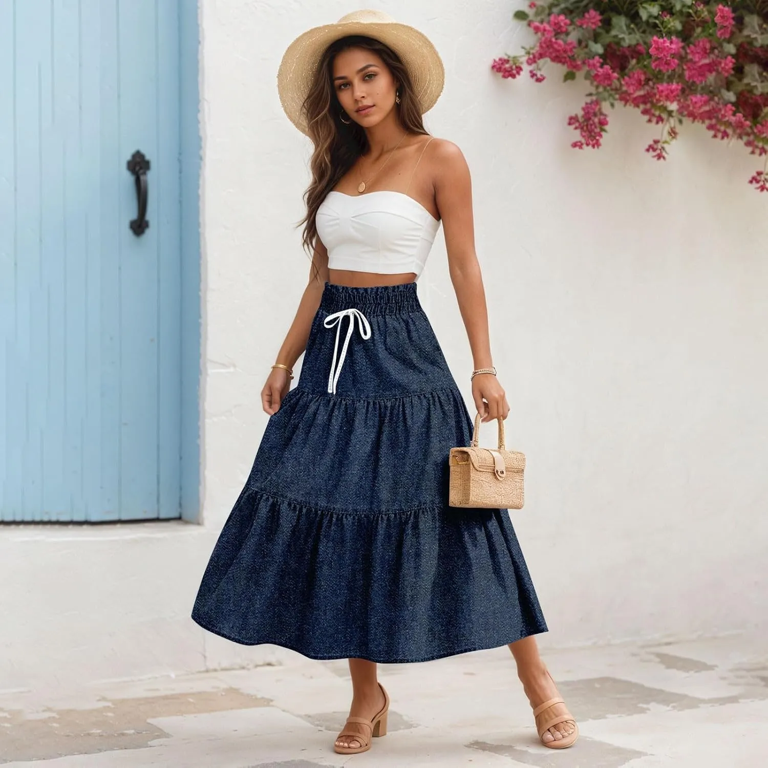 Summer Skirts for Women Midi Length Aline Ruffle Skirt Drawstring High Waisted Long Denim Skirts Casual Beach Outfits