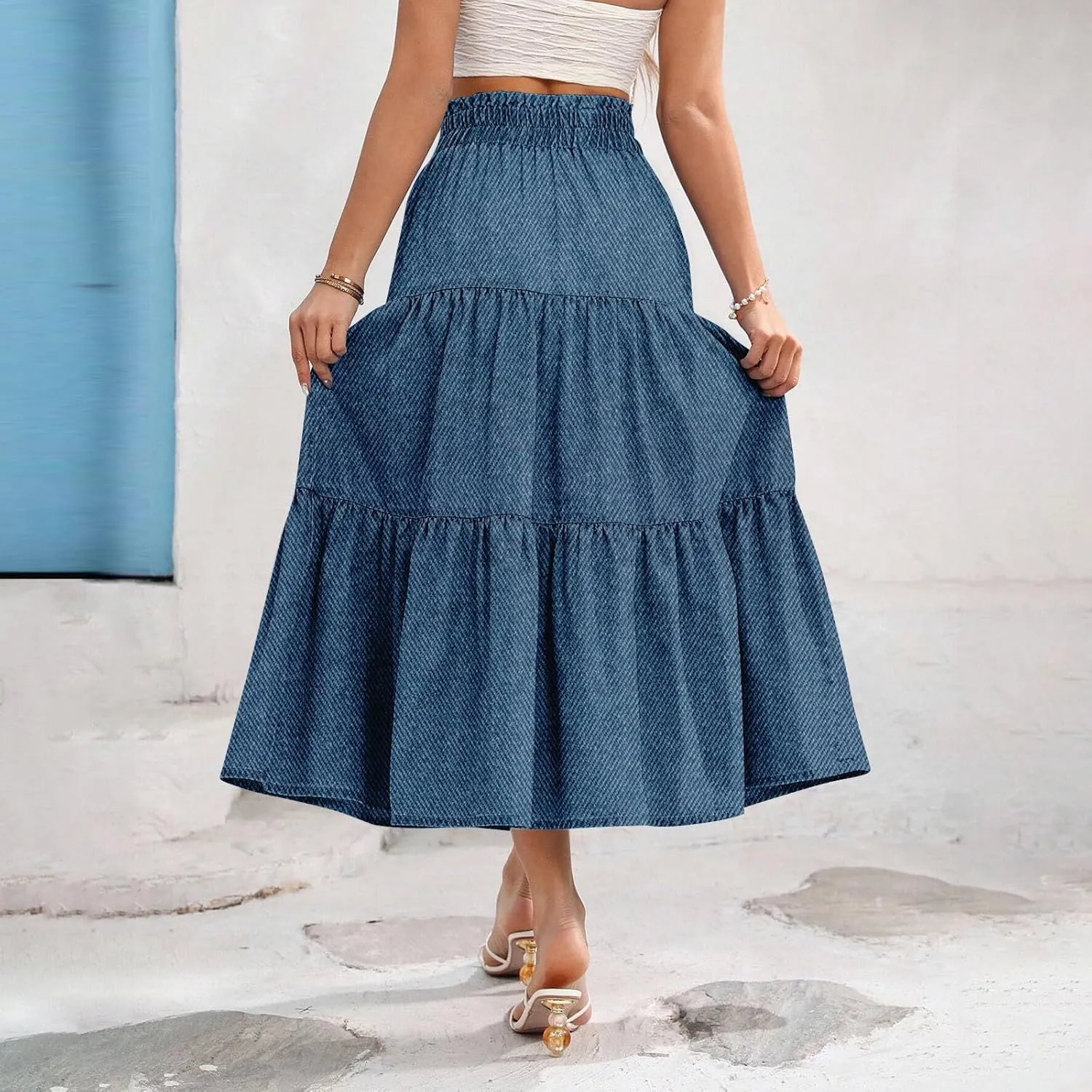Summer Skirts for Women Midi Length Aline Ruffle Skirt Drawstring High Waisted Long Denim Skirts Casual Beach Outfits