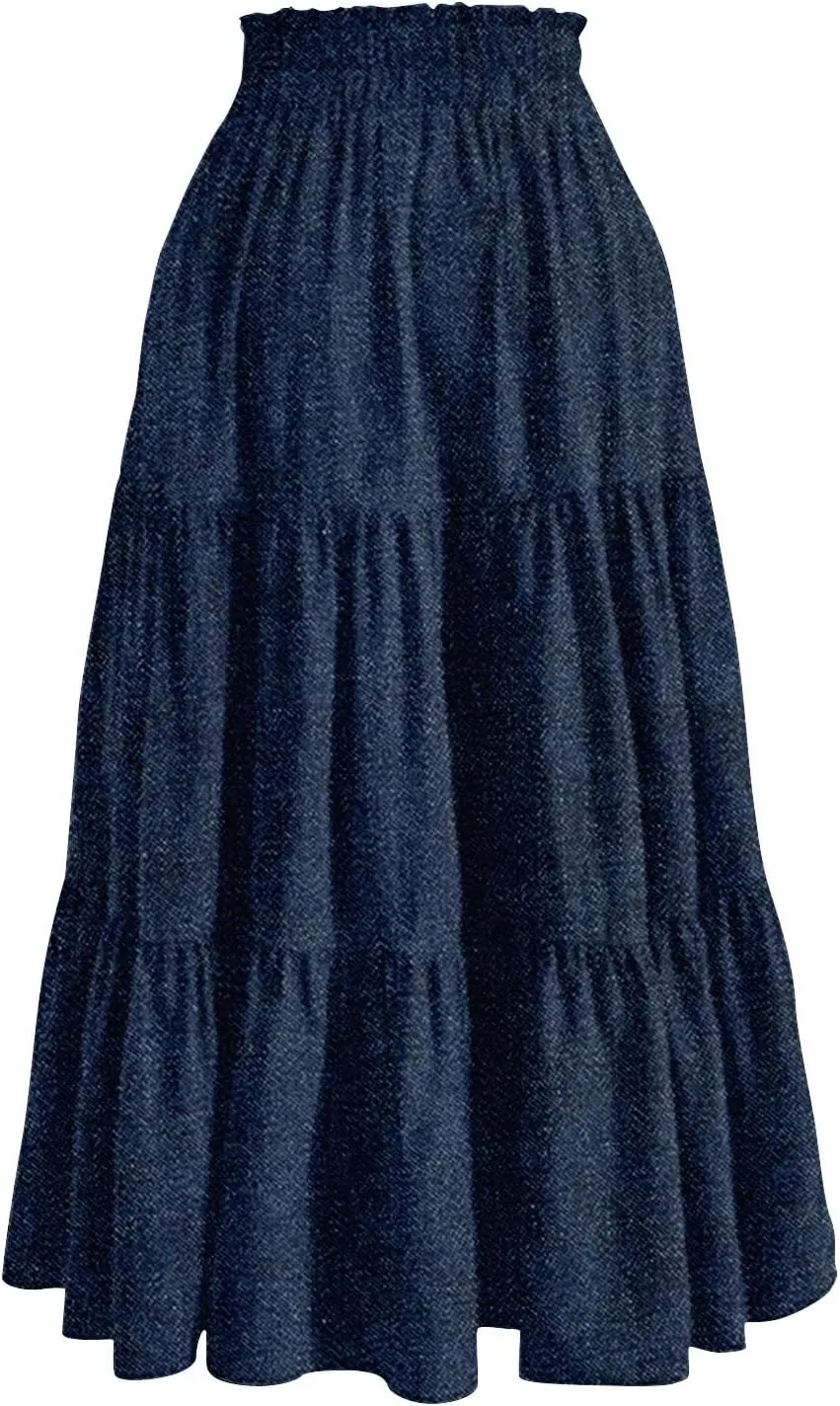 Summer Skirts for Women Midi Length Aline Ruffle Skirt Drawstring High Waisted Long Denim Skirts Casual Beach Outfits