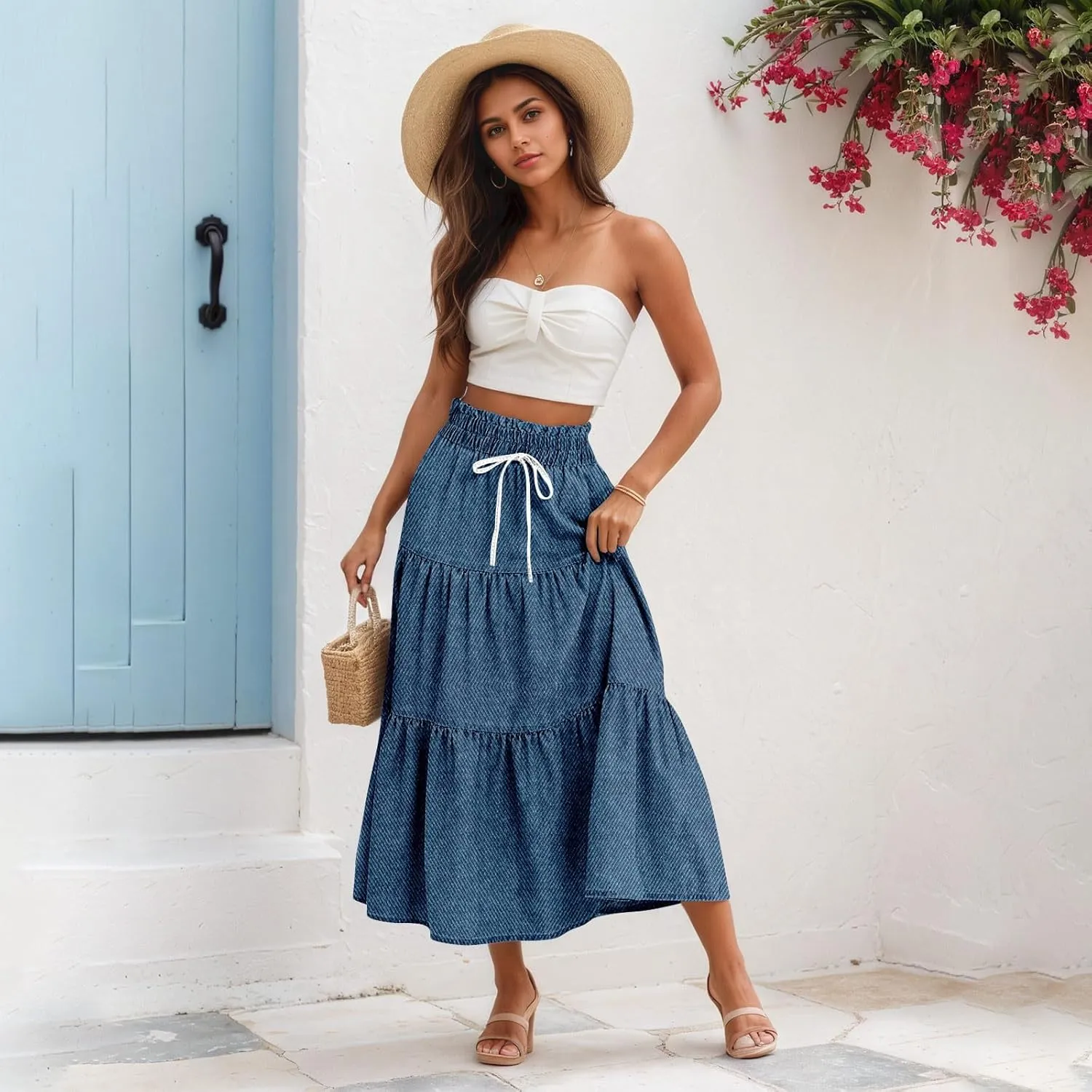 Summer Skirts for Women Midi Length Aline Ruffle Skirt Drawstring High Waisted Long Denim Skirts Casual Beach Outfits