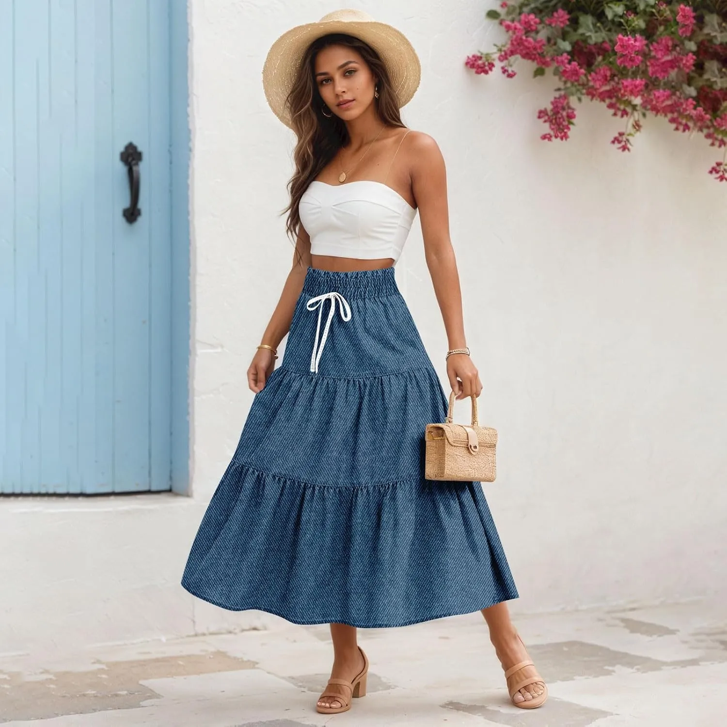 Summer Skirts for Women Midi Length Aline Ruffle Skirt Drawstring High Waisted Long Denim Skirts Casual Beach Outfits