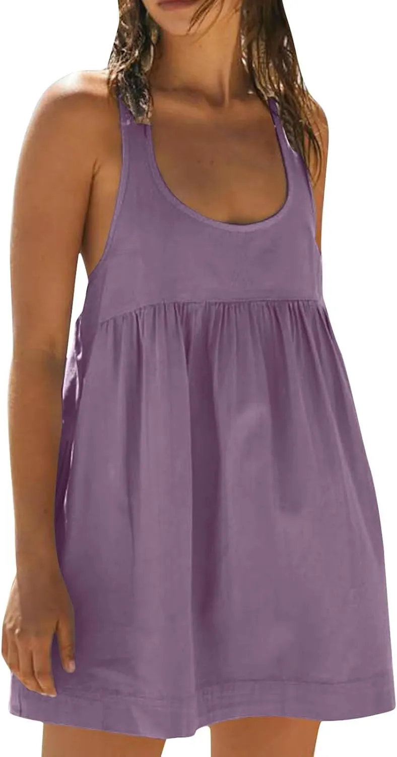 Sun Dresses for Women Racerback Athletic Beach Dress Square Neck Sleeveless Babydoll Dress Summer Flowy Mini Dresses