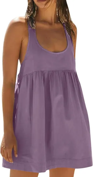 Sun Dresses for Women Racerback Athletic Beach Dress Square Neck Sleeveless Babydoll Dress Summer Flowy Mini Dresses
