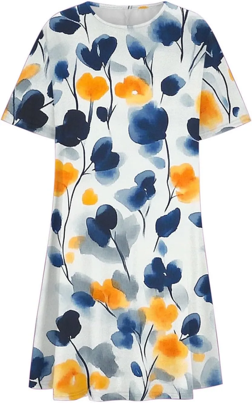 Sundresses for Women 2025 Summer Crewneck Short Sleeve Midi Dresses Casual Vacation Vintage Printed Boho Dresses