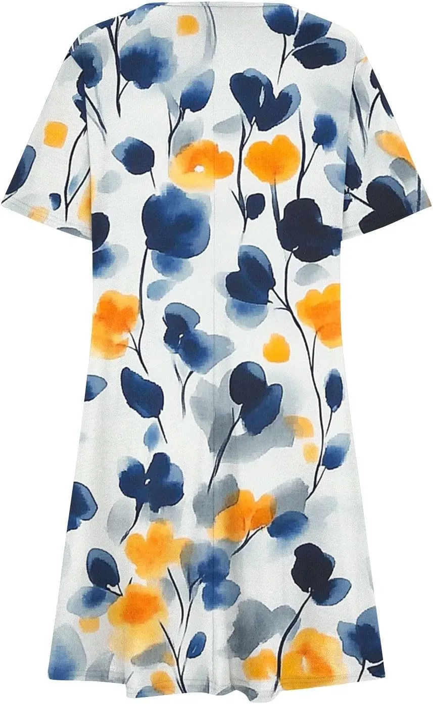 Sundresses for Women 2025 Summer Crewneck Short Sleeve Midi Dresses Casual Vacation Vintage Printed Boho Dresses