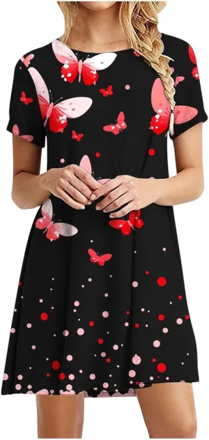 Sundresses for Women 2025 Summer Crewneck Short Sleeve Midi Dresses Casual Vacation Vintage Printed Boho Dresses