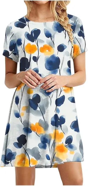 Sundresses for Women 2025 Summer Crewneck Short Sleeve Midi Dresses Casual Vacation Vintage Printed Boho Dresses