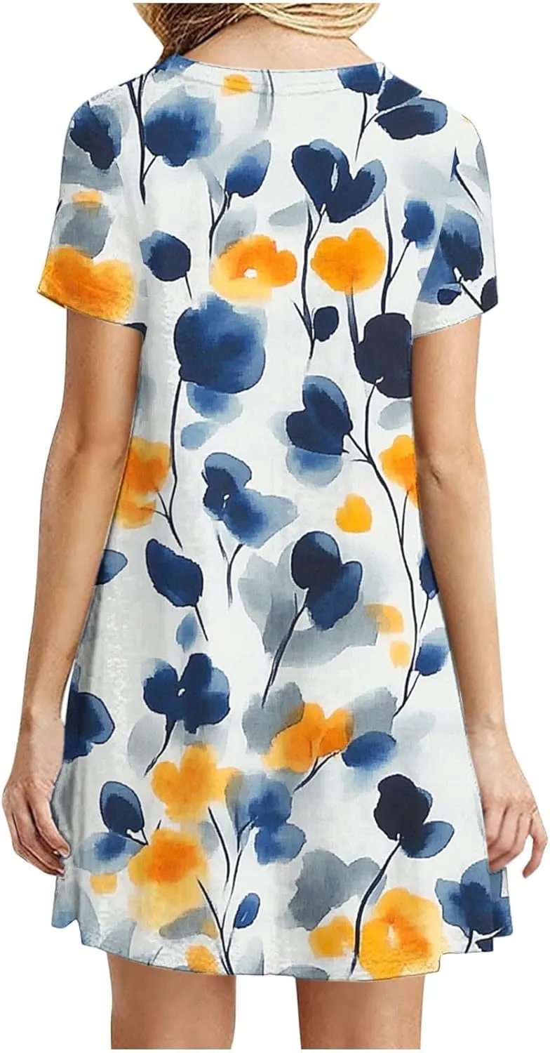 Sundresses for Women 2025 Summer Crewneck Short Sleeve Midi Dresses Casual Vacation Vintage Printed Boho Dresses