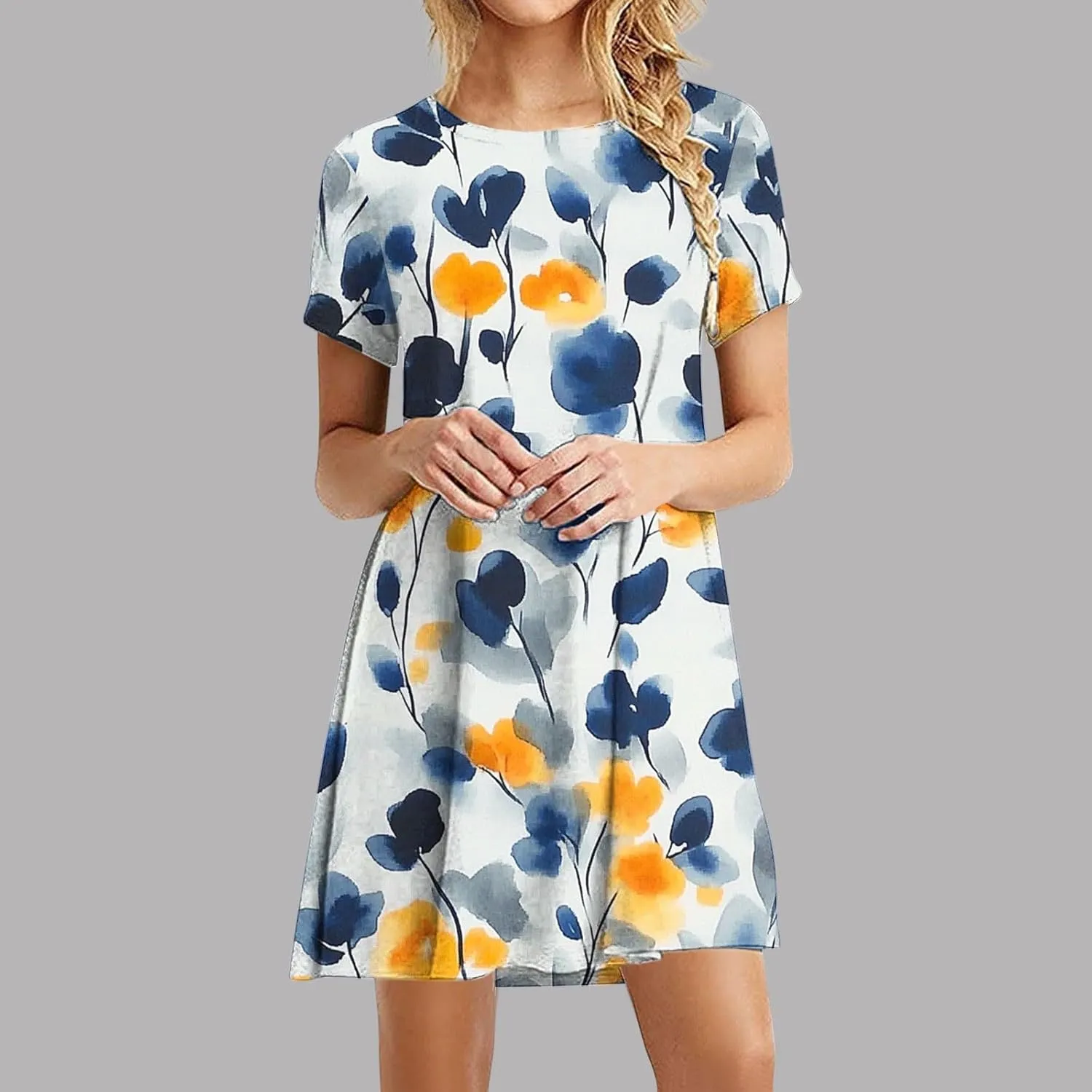 Sundresses for Women 2025 Summer Crewneck Short Sleeve Midi Dresses Casual Vacation Vintage Printed Boho Dresses