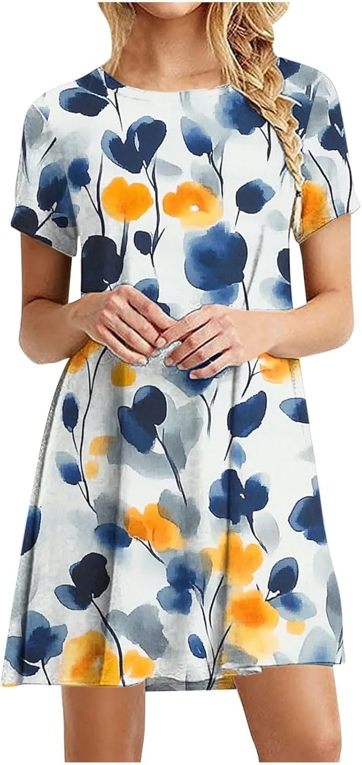 Sundresses for Women 2025 Summer Crewneck Short Sleeve Midi Dresses Casual Vacation Vintage Printed Boho Dresses
