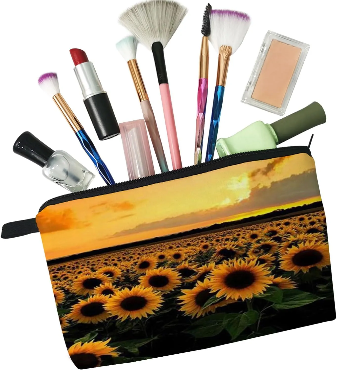 Sunflower Makeup Bag Sunflower Field Organizer Bag Toiletry Zipper Pouch Sunset Pastoral Scenery Cosmetic Bag Present for Sunflower Lovers Women Friends