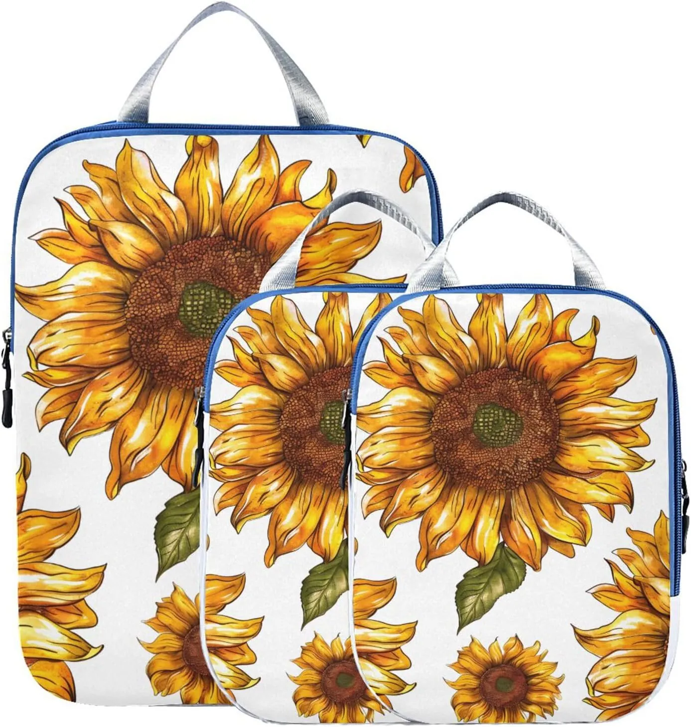 Sunflower Pattern Compression Packing Cubes for Travel Packing Organizers Backpack 3 Pack Luggage Travel Essentials Carry Must Haves Waterproof Suitcase Storage Bags