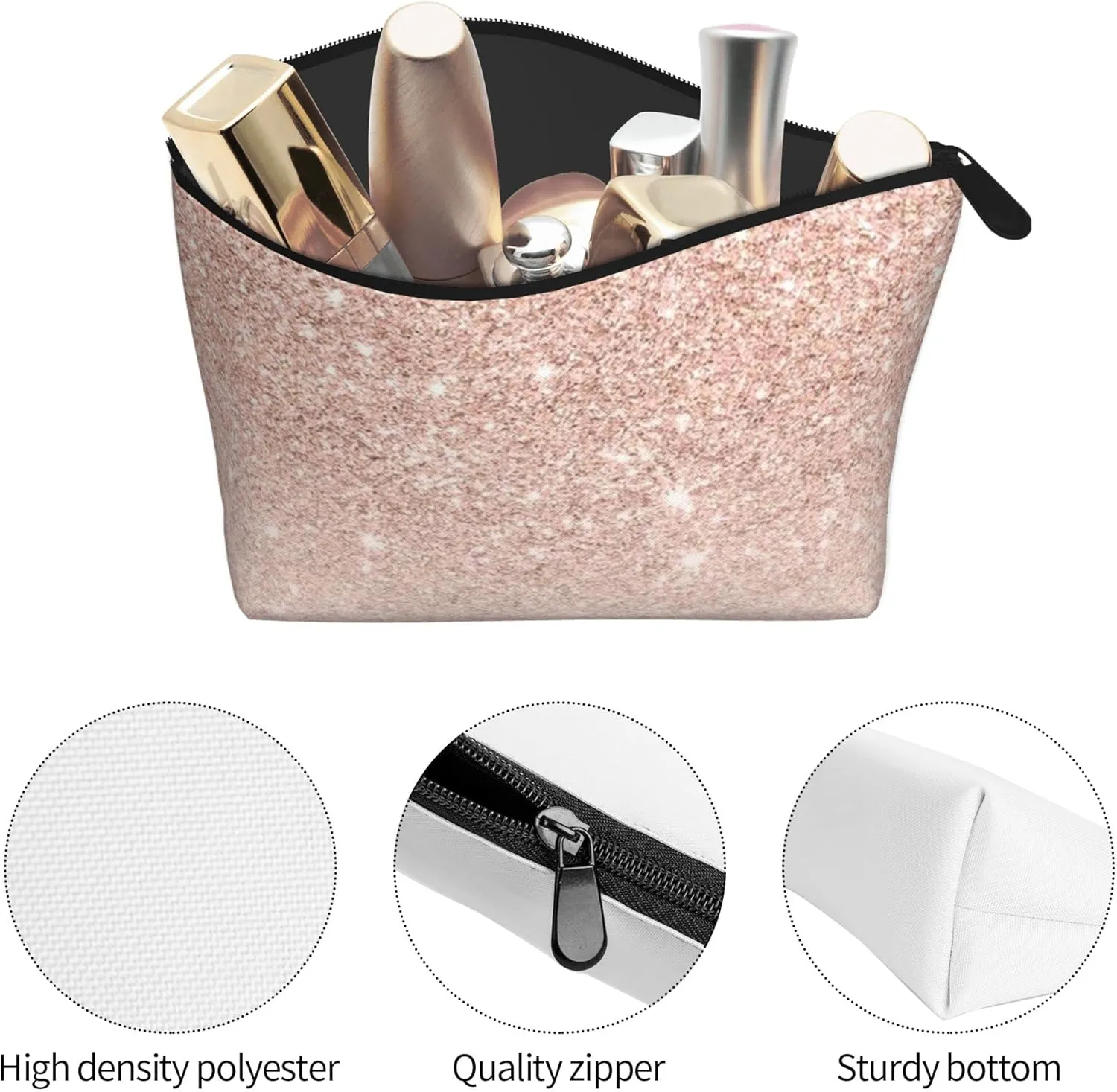 SWEET TANG Unisex Toiletry Bags Casual Storage Bag Travel Small Makeup Pouch Rose Gold Faux Glitter Pink Ombre Color Block Travel Bags For Best Friends Wife Mom Grandma