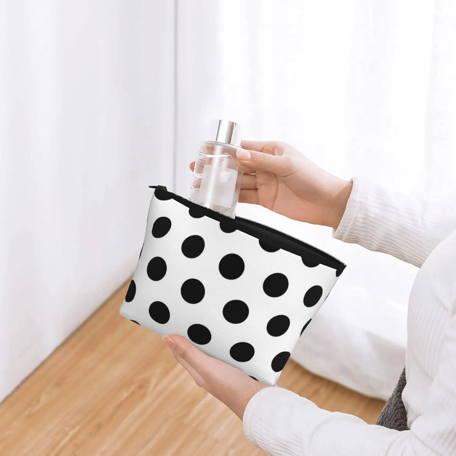SWEET TANG Women Black Polka Dot Pattern Travel Makeup Bag Cosmetic Pouch Purse Organizer