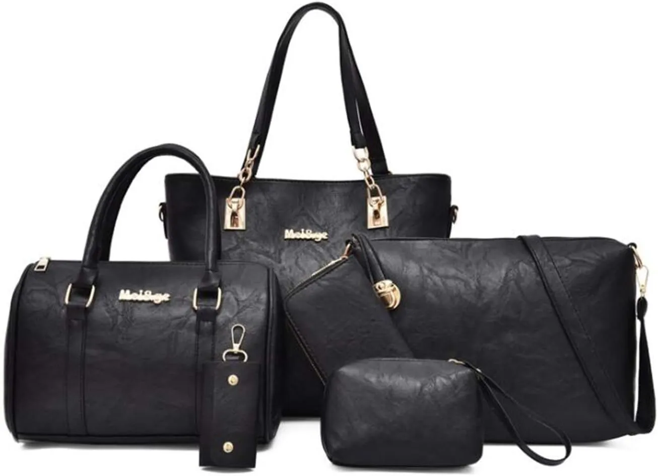 Synthetic PU Leather Tote for Women Satchel Crossbody Hobo 6pcs Handbags Shoulder Wallet Card Nail Clipper Bag-Black
