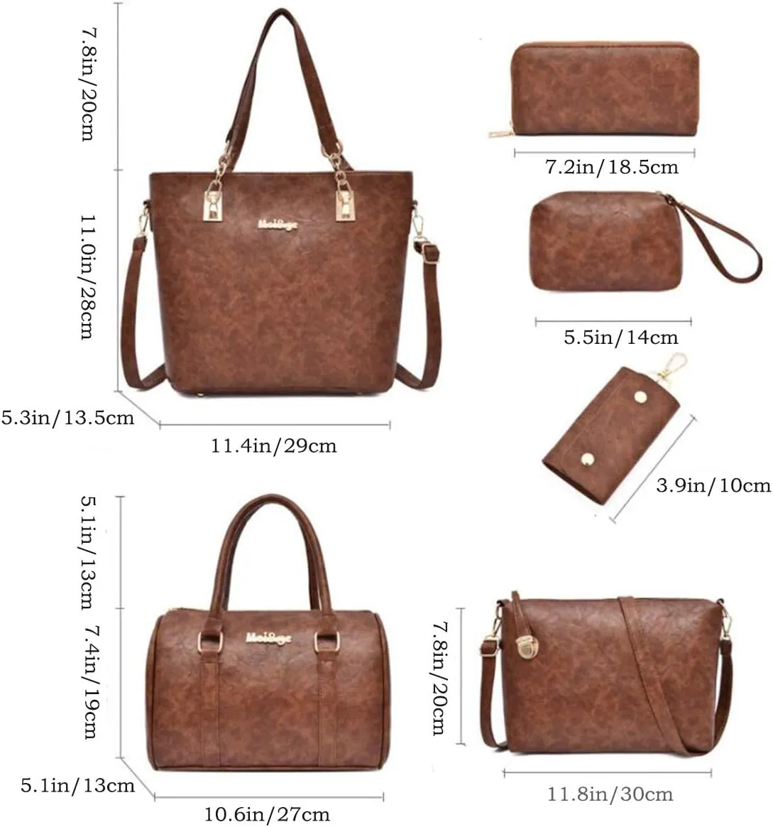 Synthetic PU Leather Tote for Women Satchel Crossbody Hobo 6pcs Handbags Shoulder Wallet Card Nail Clipper Bag-Black