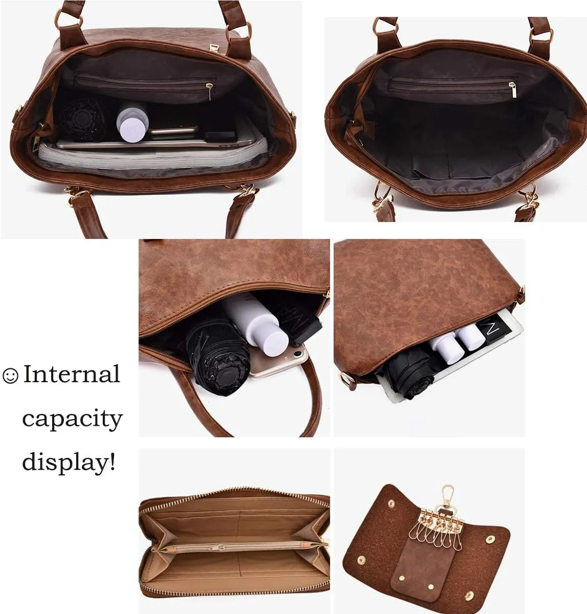 Synthetic PU Leather Tote for Women Satchel Crossbody Hobo 6pcs Handbags Shoulder Wallet Card Nail Clipper Bag-Black