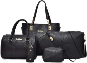 Synthetic PU Leather Tote for Women Satchel Crossbody Hobo 6pcs Handbags Shoulder Wallet Card Nail Clipper Bag-Black