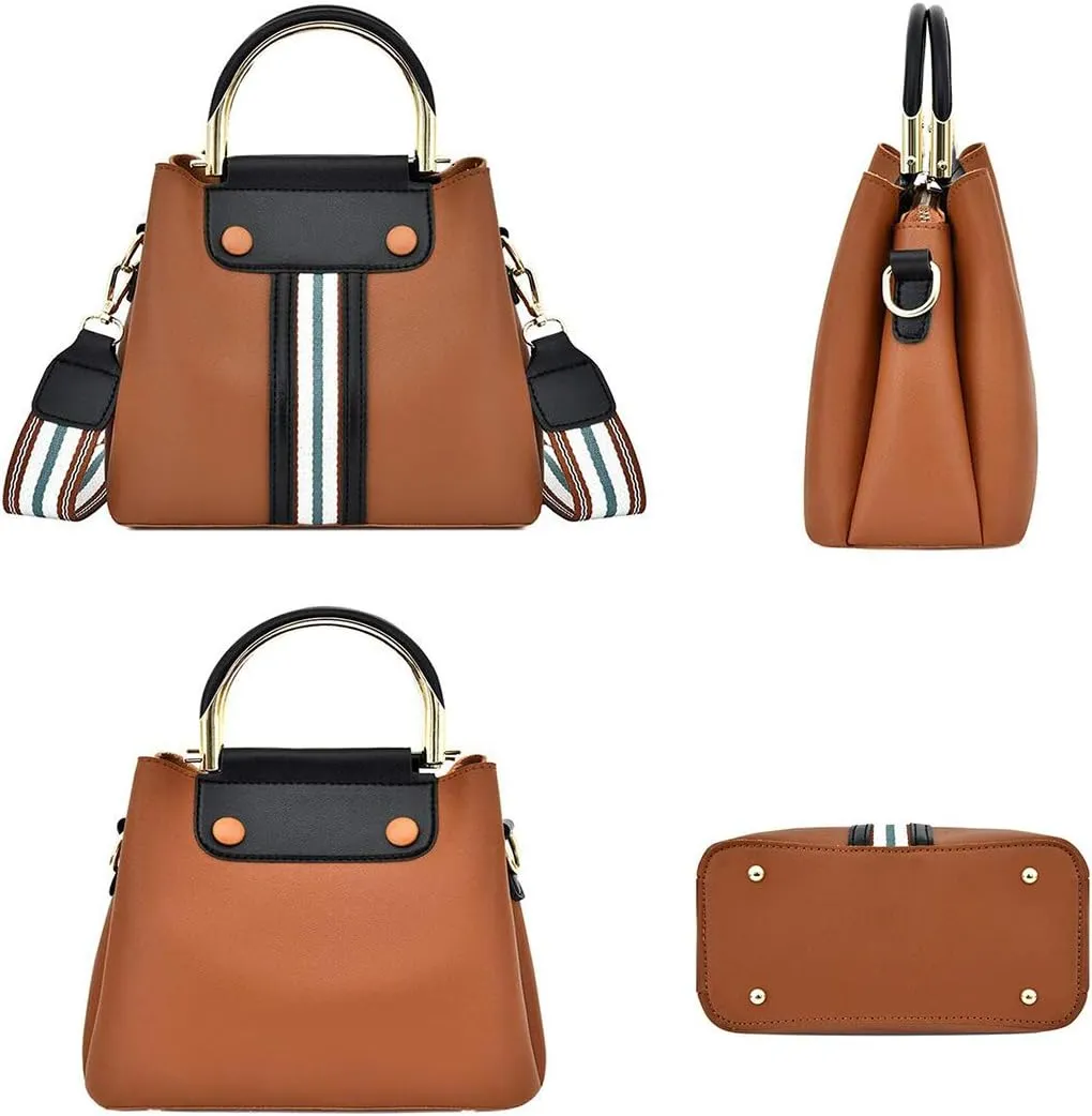 Synthetic PU Leather Tote for Women Satchel Crossbody Hobo Ribbon splicing 3pcs Handbags Shoulder Wallet Card Bag-Brown