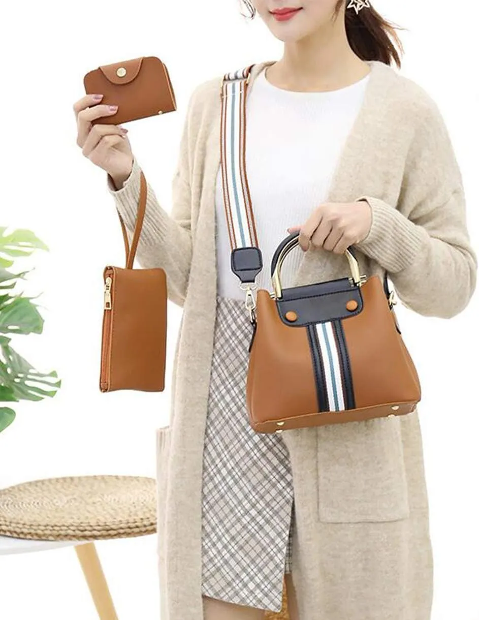 Synthetic PU Leather Tote for Women Satchel Crossbody Hobo Ribbon splicing 3pcs Handbags Shoulder Wallet Card Bag-Brown