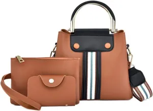 Synthetic PU Leather Tote for Women Satchel Crossbody Hobo Ribbon splicing 3pcs Handbags Shoulder Wallet Card Bag-Brown