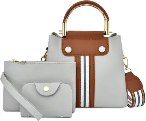 Synthetic PU Leather Tote for Women Satchel Crossbody Hobo Ribbon splicing 3pcs Handbags Shoulder Wallet Card Bag-Gray