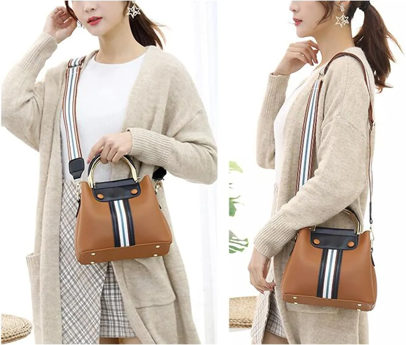 Synthetic PU Leather Tote for Women Satchel Crossbody Hobo Ribbon splicing 3pcs Handbags Shoulder Wallet Card Bag-Gray