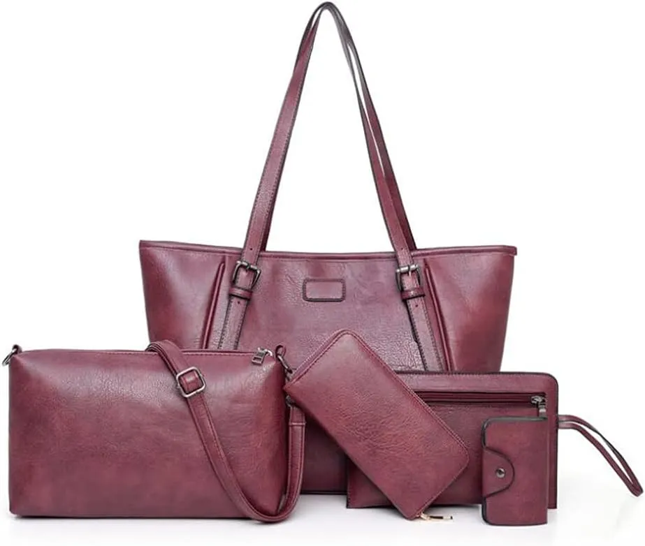 Synthetic PU Leather Tote Shoulder Portable Messenger Women's Bag 5pcs Satchel Crossbody Top-Handle Handbags-Purple