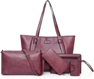 Synthetic PU Leather Tote Shoulder Portable Messenger Women's Bag 5pcs Satchel Crossbody Top-Handle Handbags-Purple