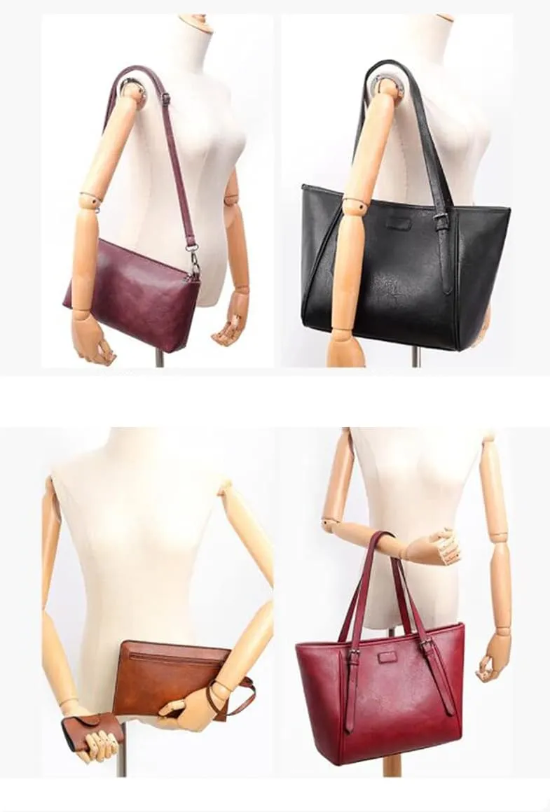 Synthetic PU Leather Tote Shoulder Portable Messenger Women's Bag 5pcs Satchel Crossbody Top-Handle Handbags-Purple
