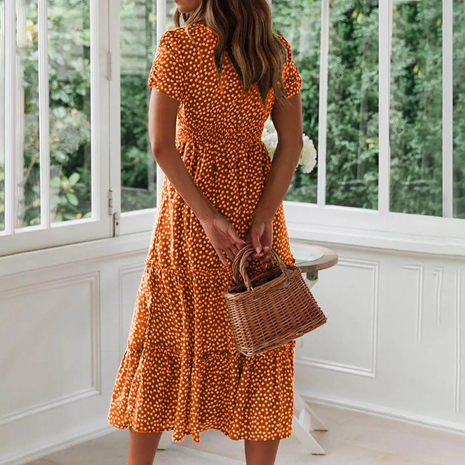 TANGNADE Women's 2025 Summer Casual Square Neck Short Sleeve Midi Dresses Flowy Tiered A Line Beach Boho Sundress