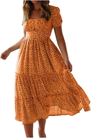 TANGNADE Women's 2025 Summer Casual Square Neck Short Sleeve Midi Dresses Flowy Tiered A Line Beach Boho Sundress
