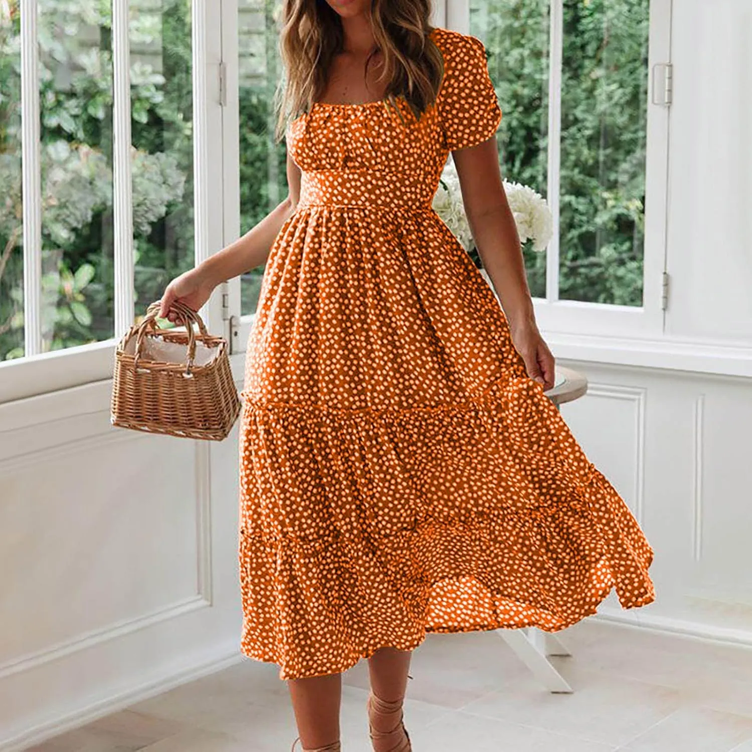 TANGNADE Women's 2025 Summer Casual Square Neck Short Sleeve Midi Dresses Flowy Tiered A Line Beach Boho Sundress
