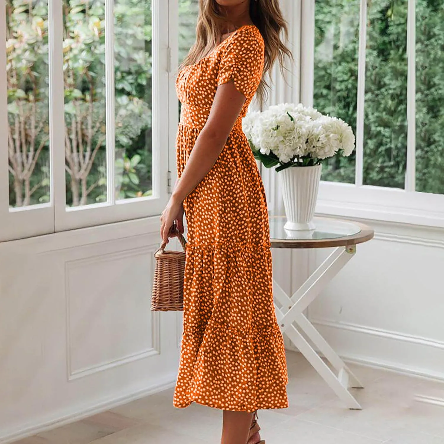 TANGNADE Women's 2025 Summer Casual Square Neck Short Sleeve Midi Dresses Flowy Tiered A Line Beach Boho Sundress