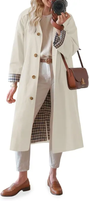 Tankaneo Womens Long Trench Coat Single Breasted Oversized Windproof Overcoat Fashion Outerwear