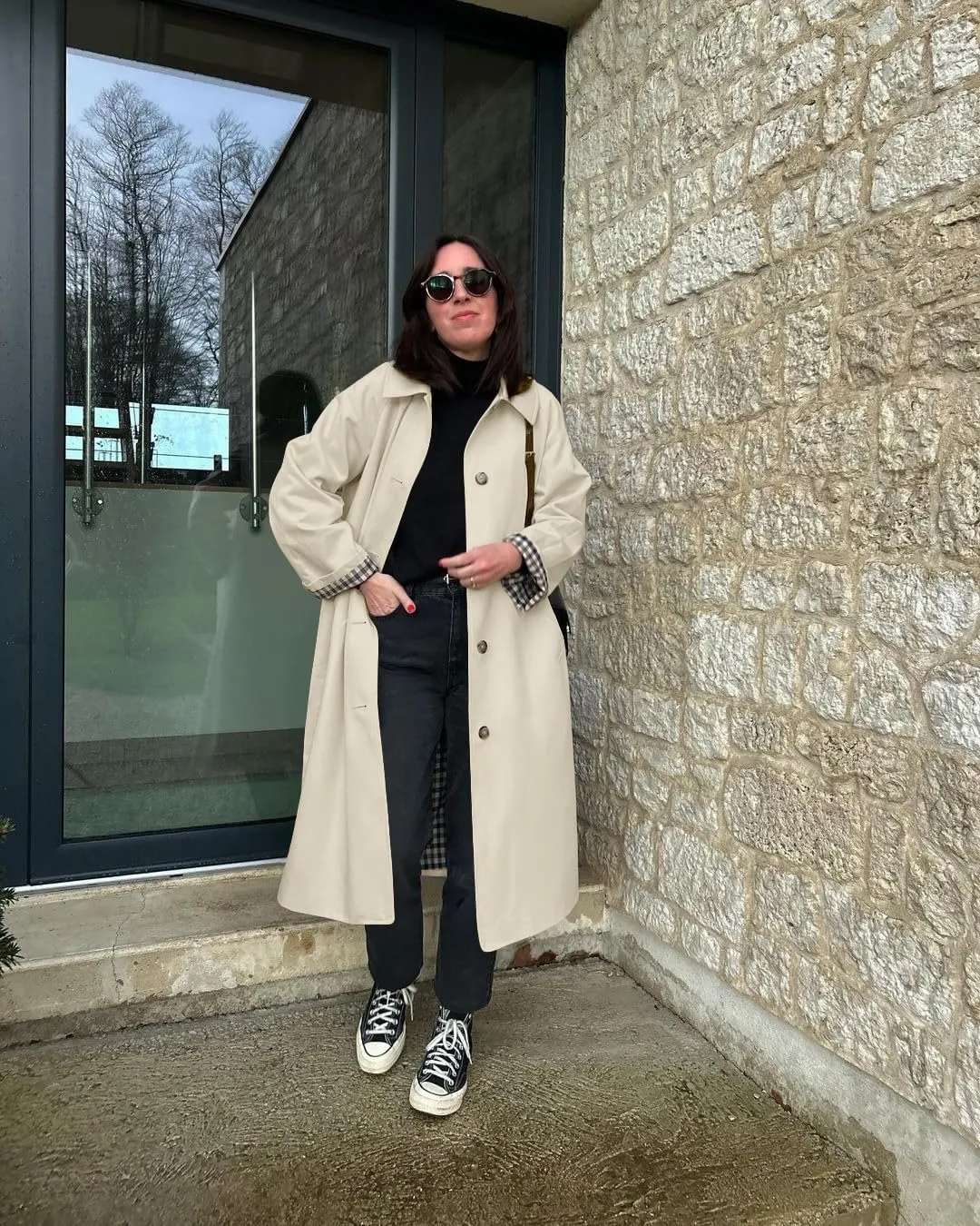 Tankaneo Womens Long Trench Coat Single Breasted Oversized Windproof Overcoat Fashion Outerwear