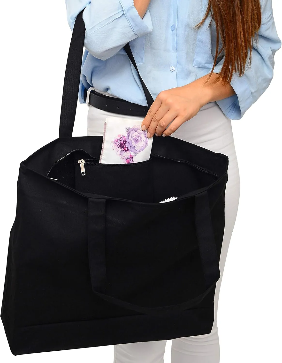 TBF Heavy Canvas Large Tote Bag with Zippered Closure for Beach, Grocery Shopping, Travel Bags