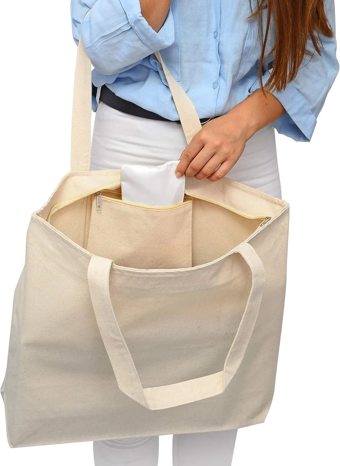 TBF Heavy Canvas Large Tote Bag with Zippered Closure for Beach, Grocery Shopping, Travel Bags