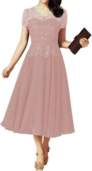Tea Length Mother of The Bride Dresses with Sleeves Laces Appliques Beaded Mother of The Groom Dresses for Wedding
