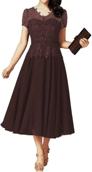 Tea Length Mother of The Bride Dresses with Sleeves Laces Appliques Beaded Mother of The Groom Dresses for Wedding