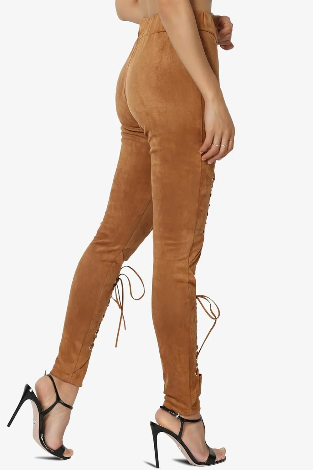 TheMogan Women's Lace-Up Faux Suede Skinny Pants with Elastic Waist for Comfortable, Stylish Curvy Fit