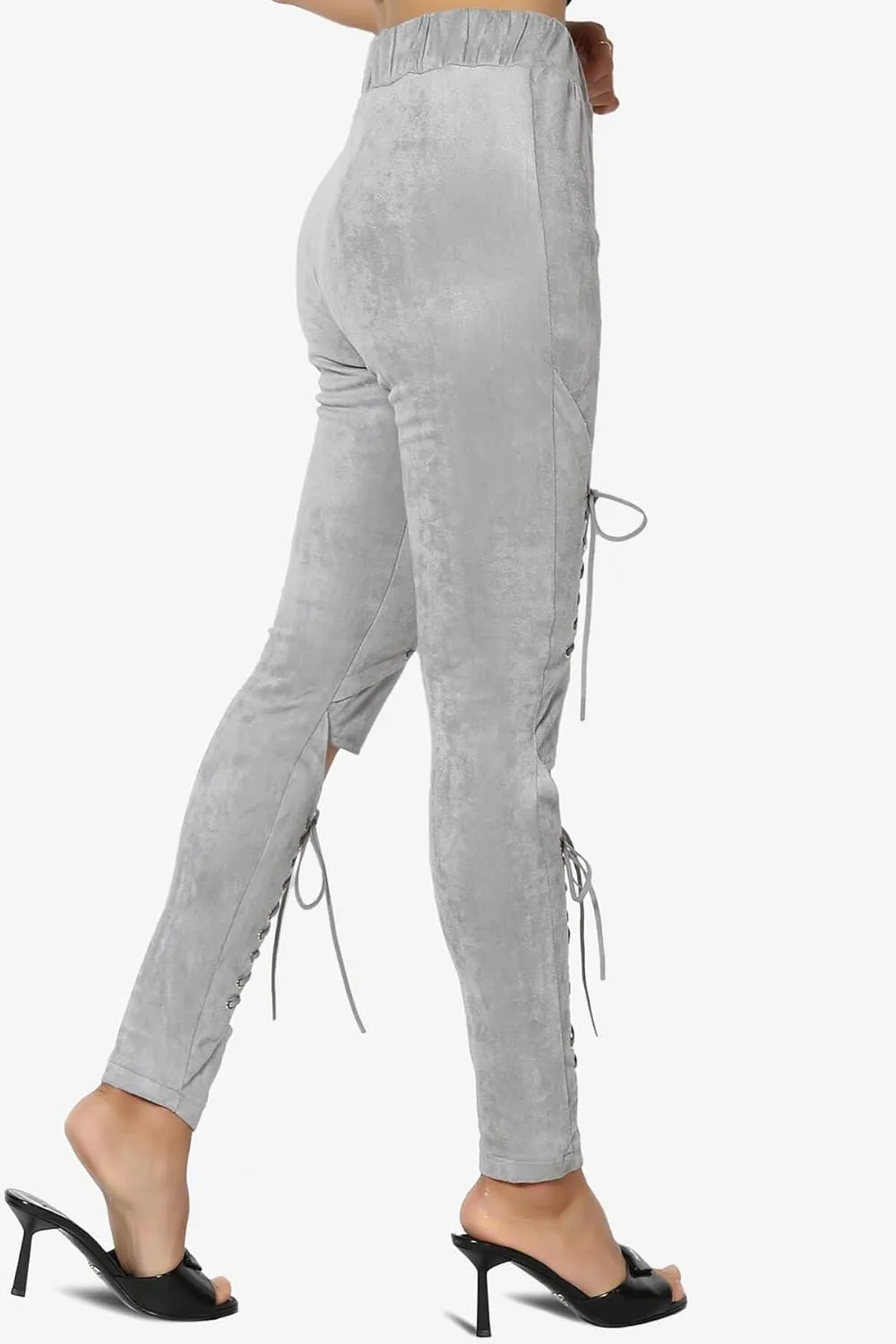 TheMogan Women's Lace-Up Faux Suede Skinny Pants with Elastic Waist for Comfortable, Stylish Curvy Fit