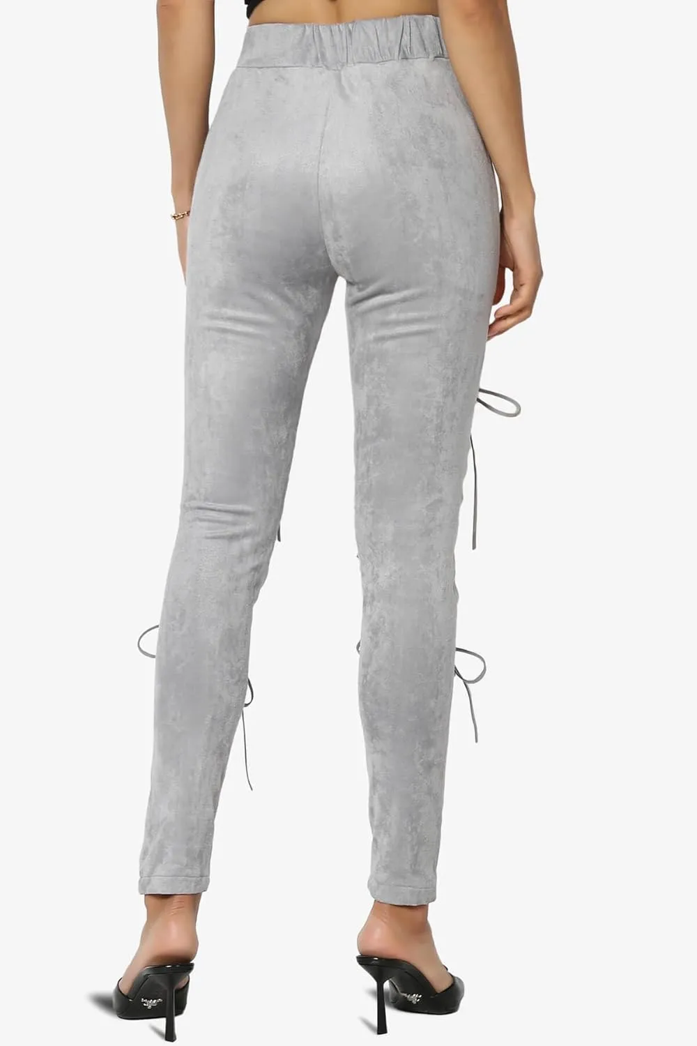 TheMogan Women's Lace-Up Faux Suede Skinny Pants with Elastic Waist for Comfortable, Stylish Curvy Fit