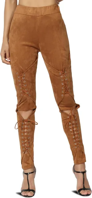 TheMogan Women's Lace-Up Faux Suede Skinny Pants with Elastic Waist for Comfortable, Stylish Curvy Fit