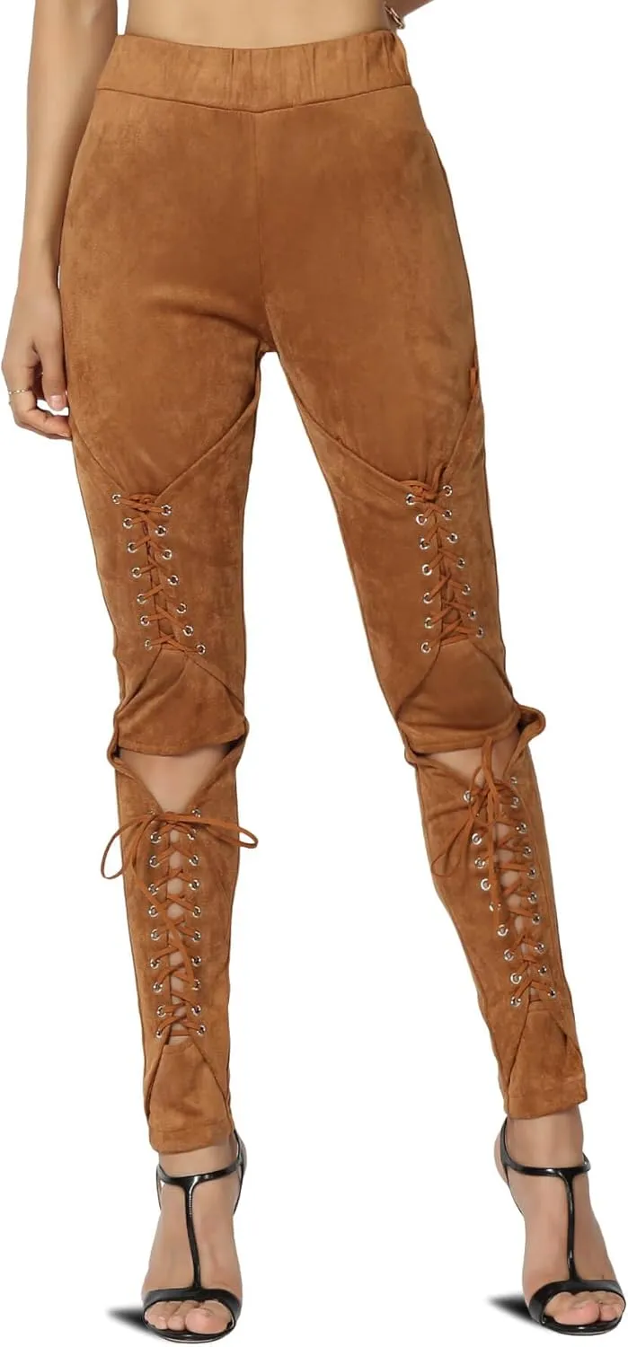 TheMogan Women's Lace-Up Faux Suede Skinny Pants with Elastic Waist for Comfortable, Stylish Curvy Fit