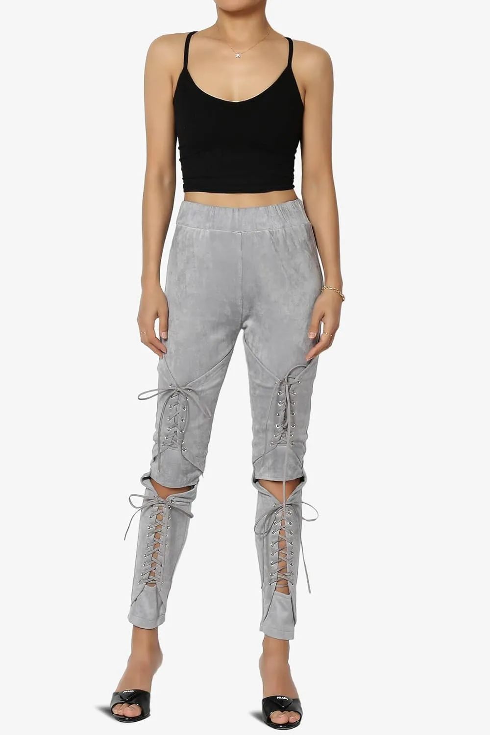 TheMogan Women's Lace-Up Faux Suede Skinny Pants with Elastic Waist for Comfortable, Stylish Curvy Fit