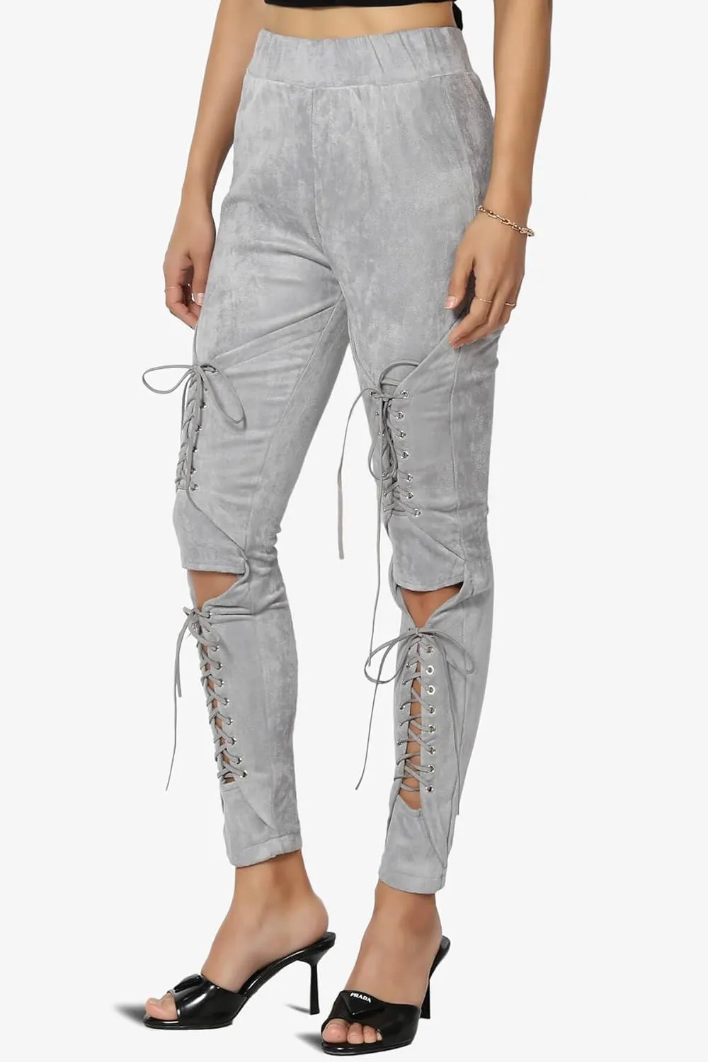 TheMogan Women's Lace-Up Faux Suede Skinny Pants with Elastic Waist for Comfortable, Stylish Curvy Fit