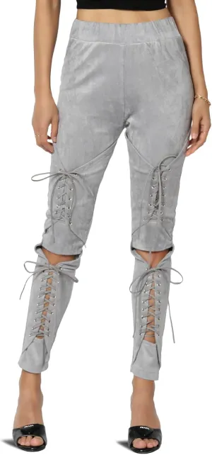 TheMogan Women's Lace-Up Faux Suede Skinny Pants with Elastic Waist for Comfortable, Stylish Curvy Fit