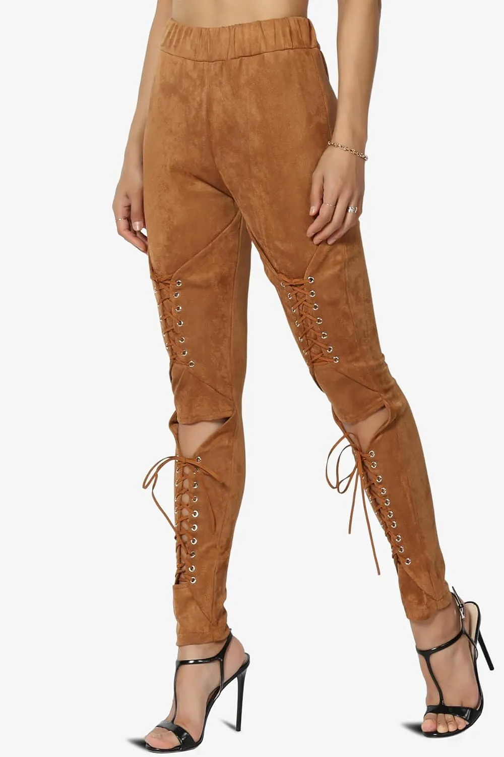 TheMogan Women's Lace-Up Faux Suede Skinny Pants with Elastic Waist for Comfortable, Stylish Curvy Fit
