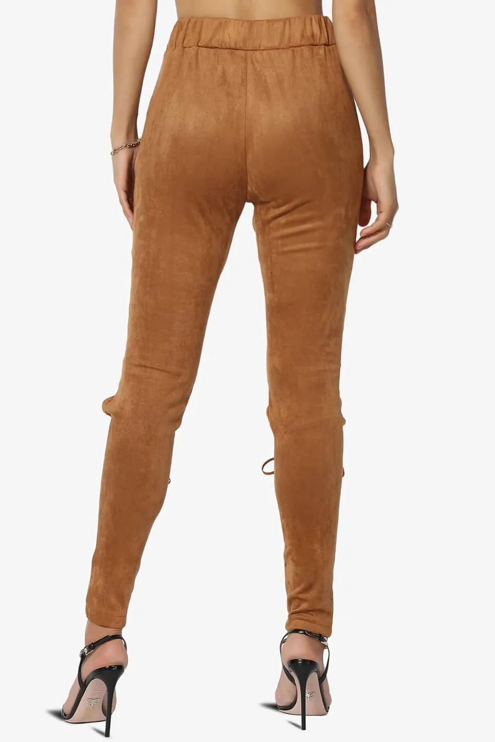 TheMogan Women's Lace-Up Faux Suede Skinny Pants with Elastic Waist for Comfortable, Stylish Curvy Fit
